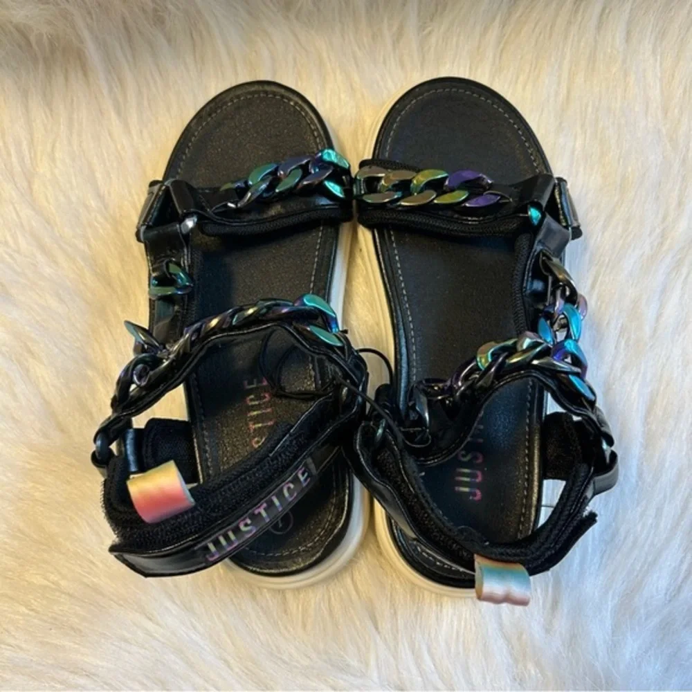 Justice Sandals Girls Size 1 Black‎ Chains Open Toe Adjustable Shoes
